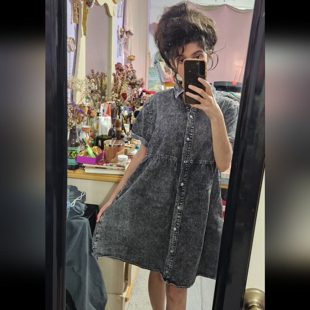 Vintage Acid Wash Black Gray Denim Button Down Collared Babydoll Mini Dress - Picture 8 of 14